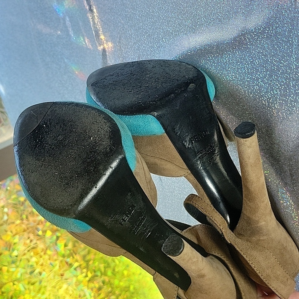 Fendi Vintage Teal & Grey Suede  Platform Peep Toe High Heel Sandal SZ:37/6.5 - Picture 9 of 14